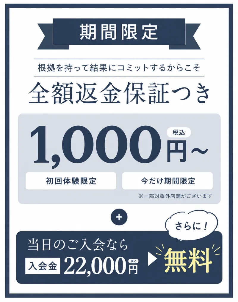 ルルトのキャンペーン 全額返金保証付き1,000円〜 当日の入会なら入会金22,000円が無料に